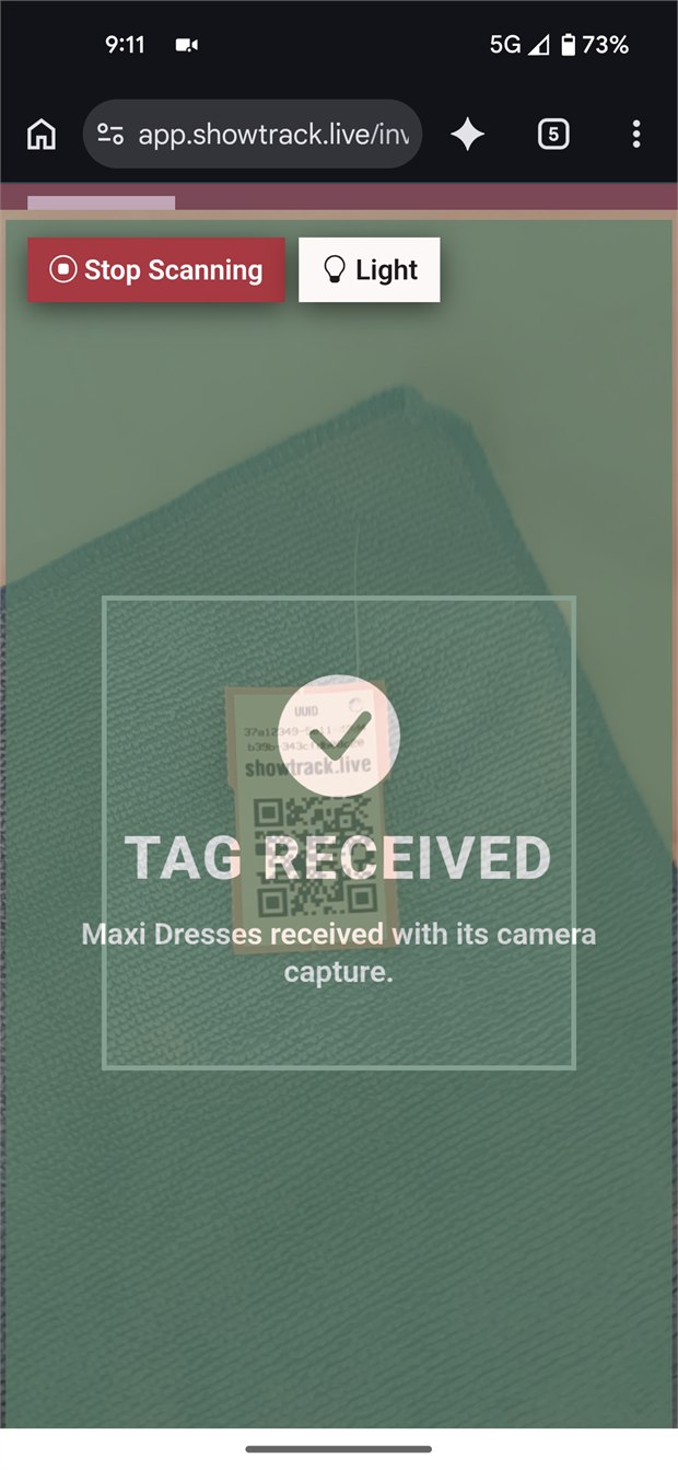 ShowTrack displaying a successful inventory tag receiving confirmation