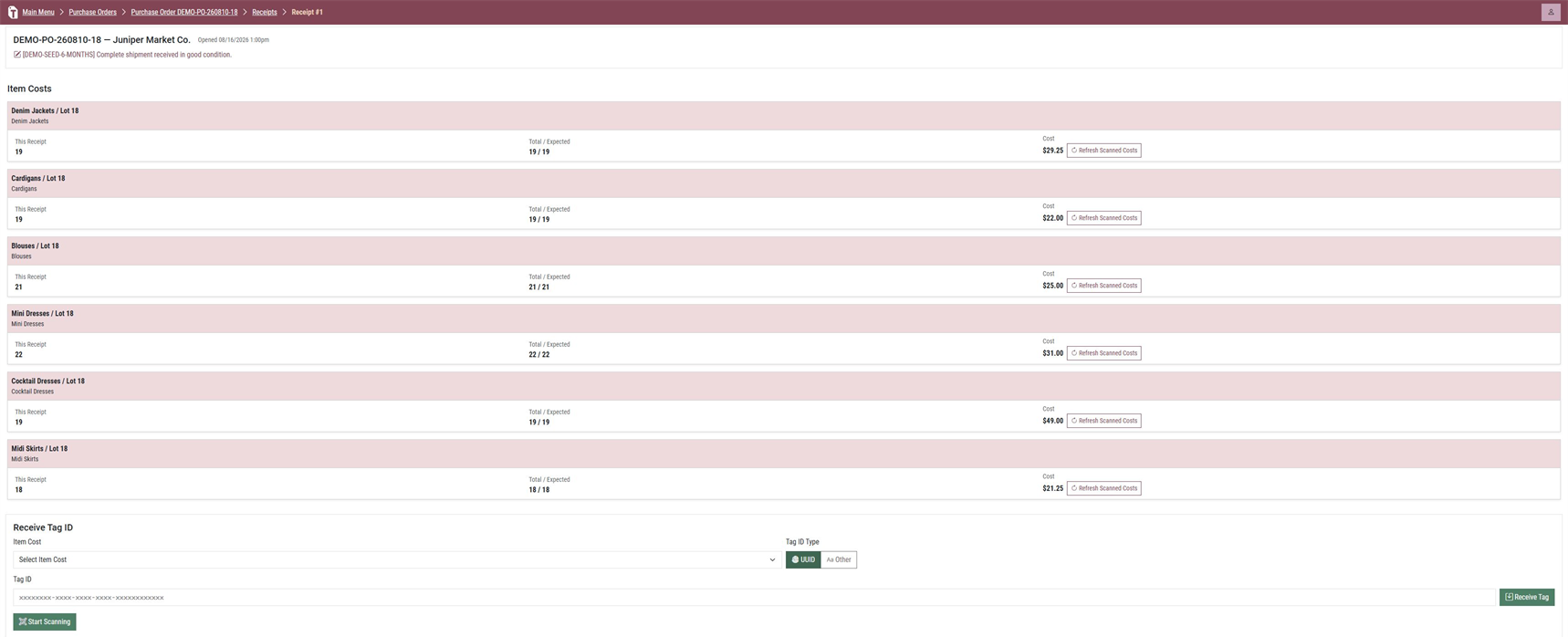 ShowTrack receiving workspace showing purchase order receipt details and unit-level inventory records
